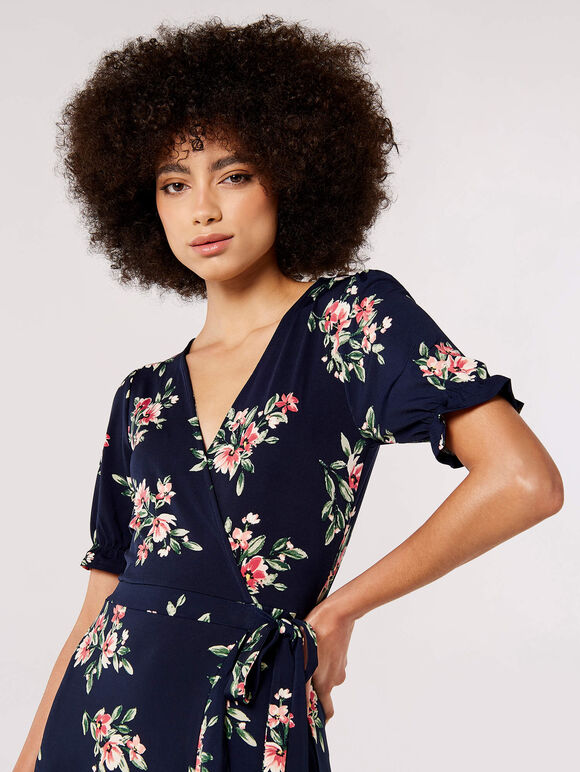 Floral Wrap Midi Dress, Navy, large