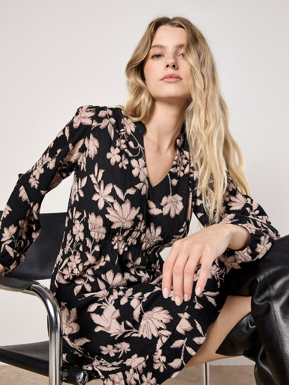 Crinkle Floral Mini Dress, Black, large