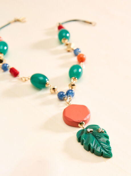 Beaded Leaf Pendant Cord Necklace