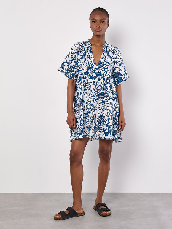 Floral Cotton Mini Dress, Blue, large