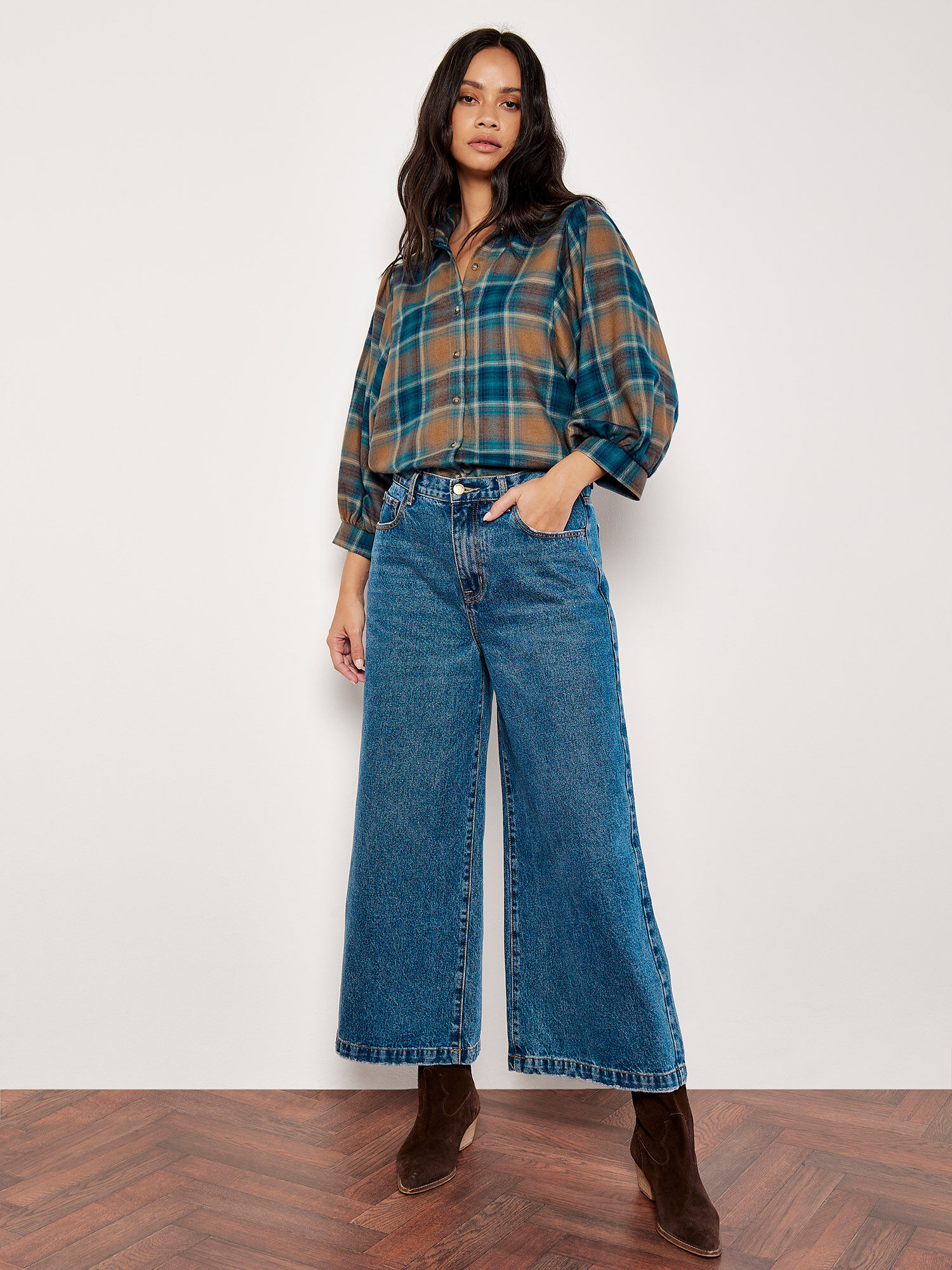 Balloon Sleeve Check One-piece 