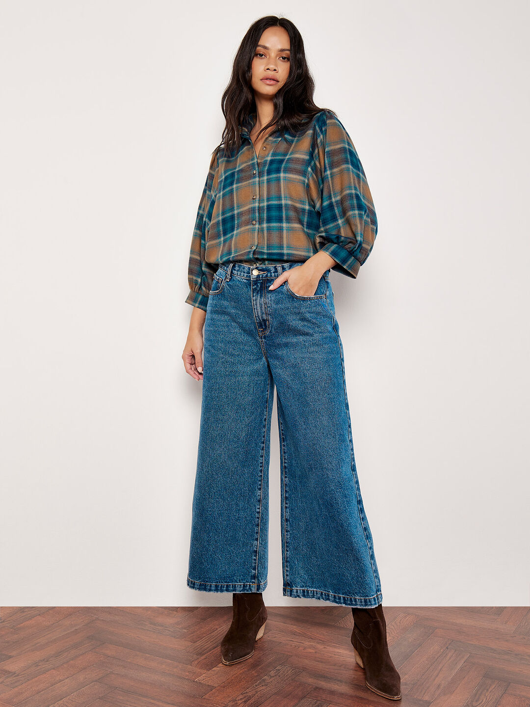 Image of Soft Touch Balloon Sleeve Check Shirt