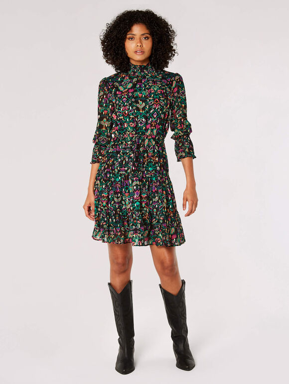 Gold Foil Ornate Floral Mini Dress, Black, large