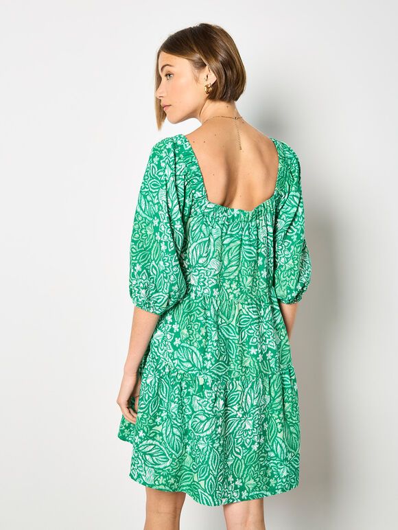 Floral Print Tiered Mini Dress, Green, large