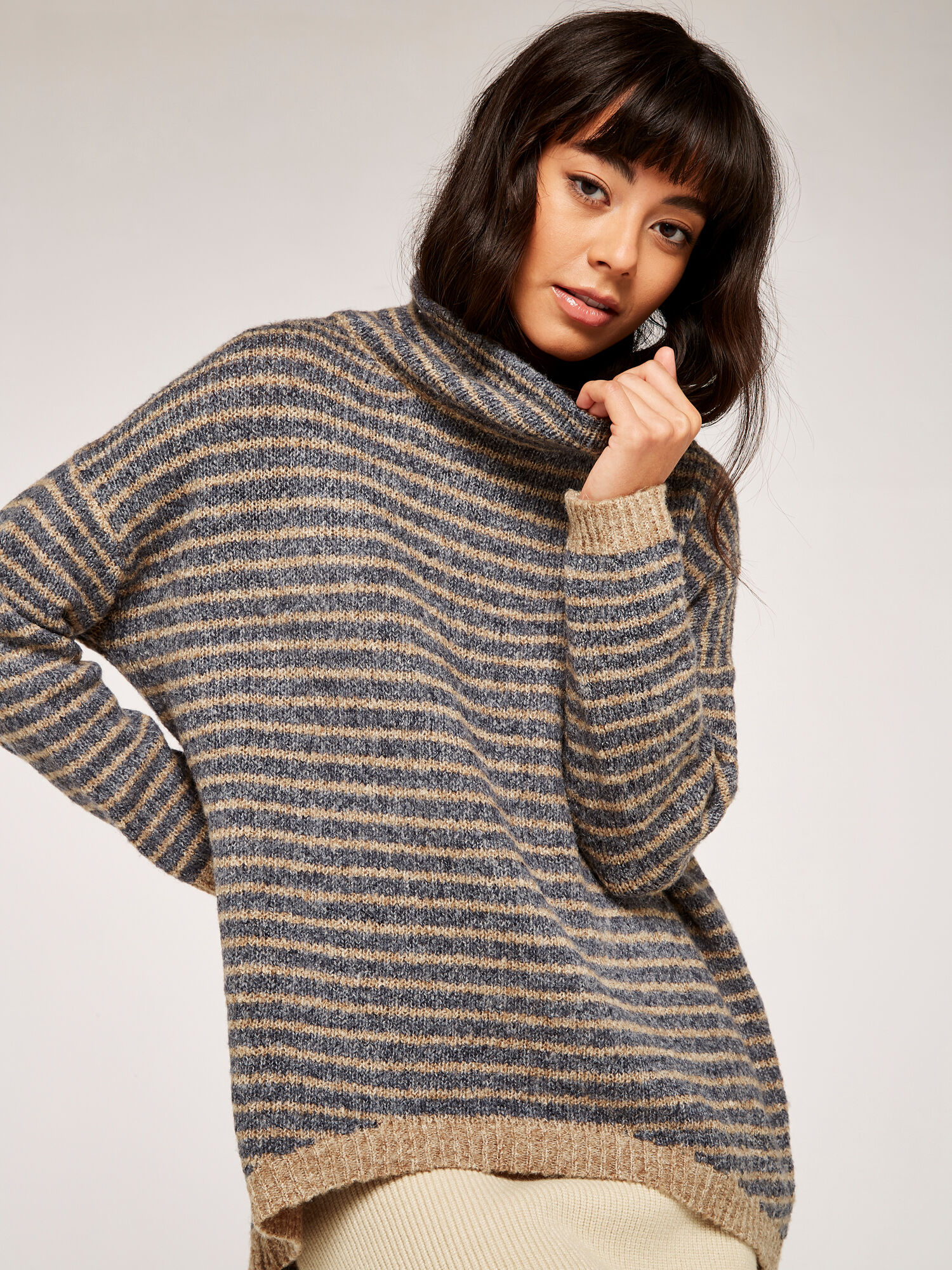 High Neck Stripe Jumper Apricot Clothing