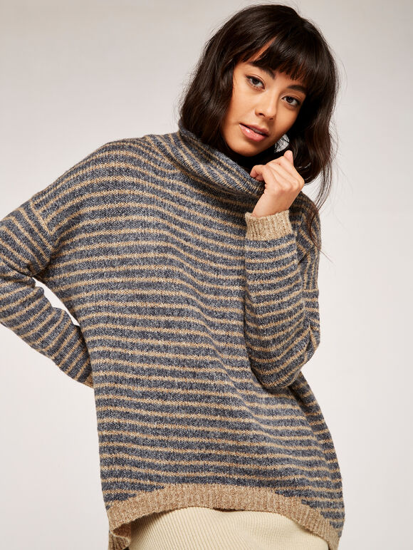 High Neck Stripe Jumper, Grey, large
