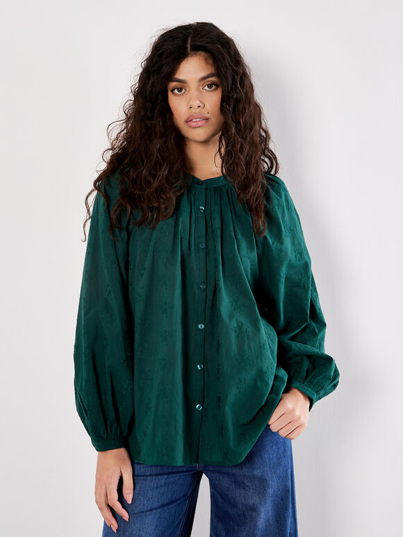Floral Embroidered Cotton Shirt, Green, large