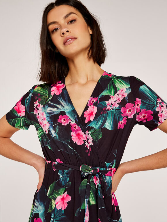 Tropical Wrap Dress, Black, large