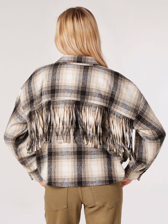 Fringed Cropped Check Shacket, Stone, large
