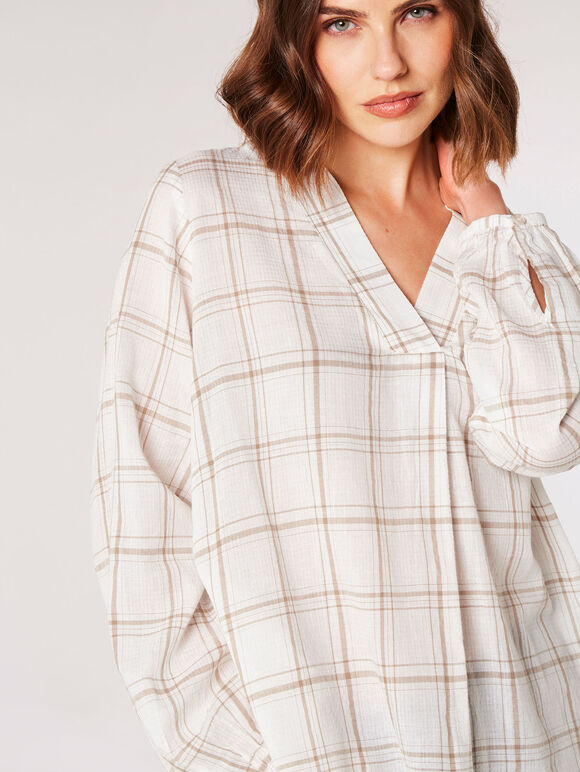 Check Print Oversized Shirt, White, large