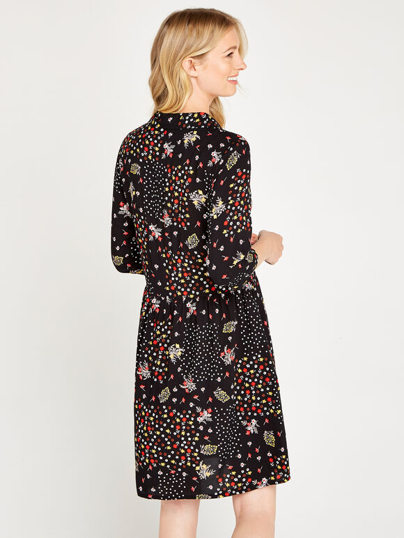 Black Patchwork Floral Smock Dress, Black, large