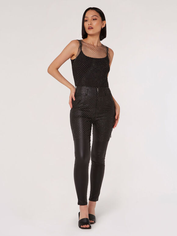Rhinestone Mesh Mini Dress, Black, large