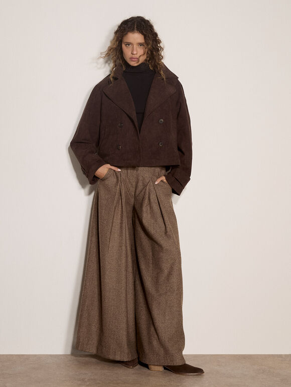 Herringbone Tweed Wide-Leg Trousers, Brown, large