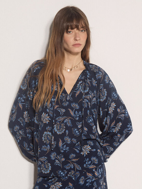 Folk Floral Blouse, Navy, large