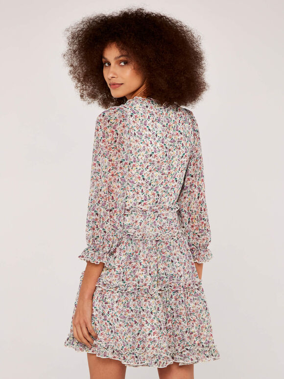 Floral Ruffle Tiered Dress, Cream, large