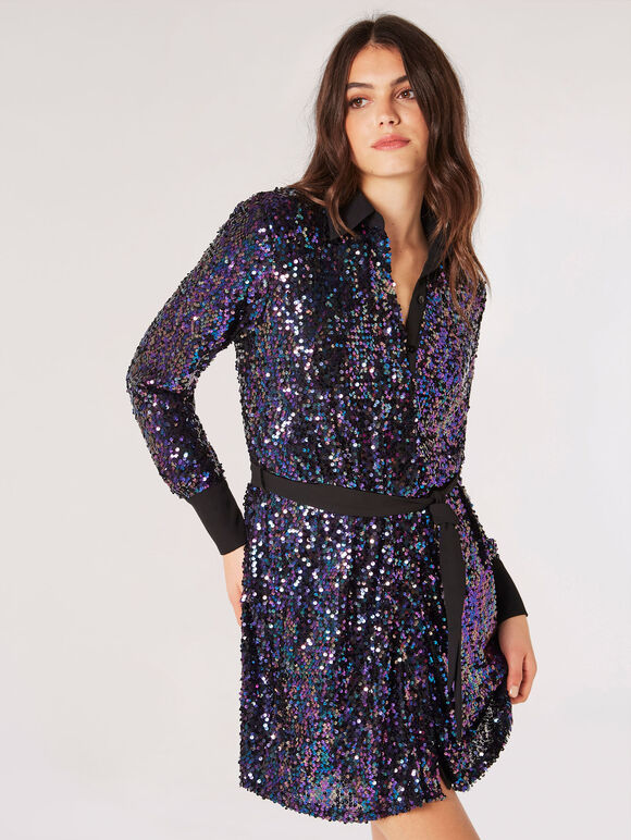 Sequin Shirt Mini Dress, Black, large
