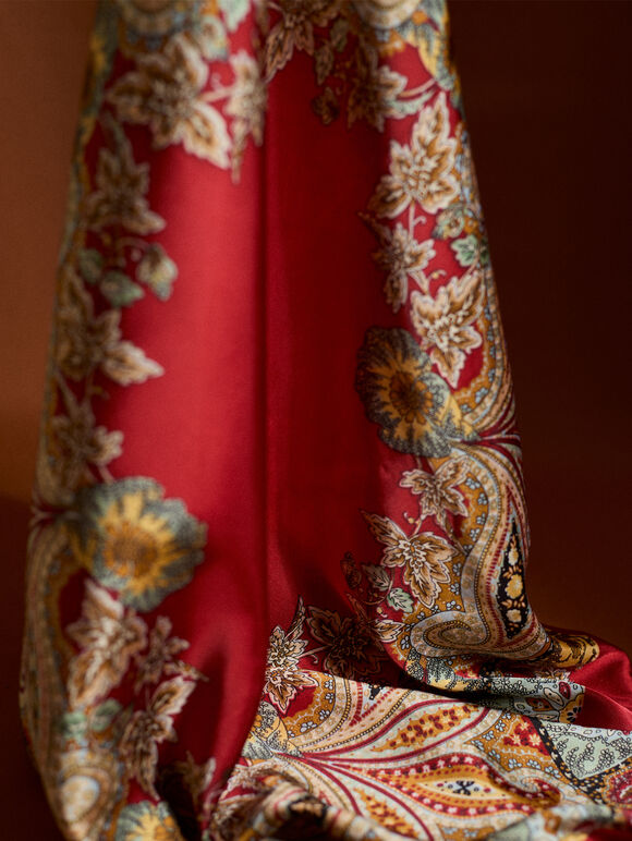 Printed Satin Scarf, Red, large