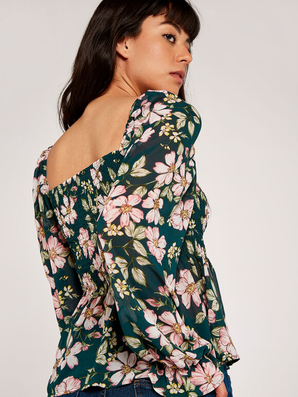 Ruffle & Smock Soft Floral Top, Green, large