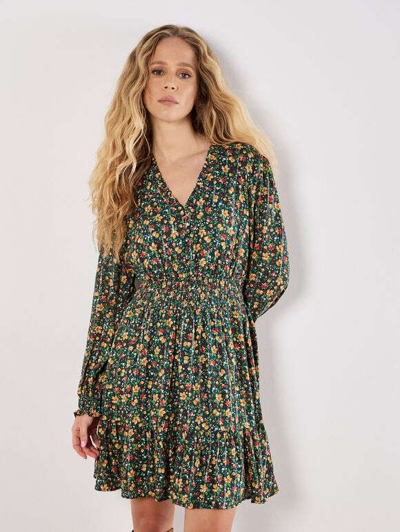 Ditsy Floral Shimmer Mini Dress, Green, large