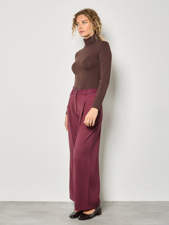 Turtle Neck Button Cuff Top, Brown, large