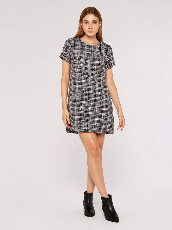 Woven Tweed Shift Dress, Burgundy, large