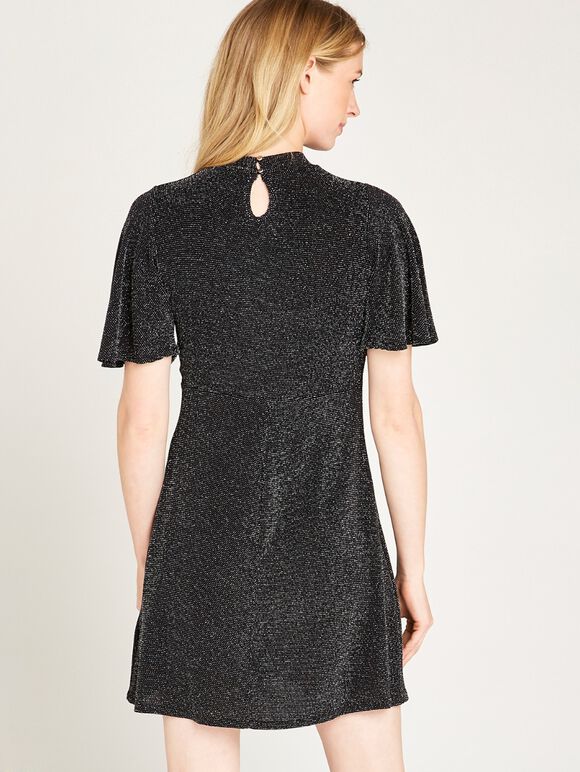 Metallic Flute Sleeve Dress, Black, large