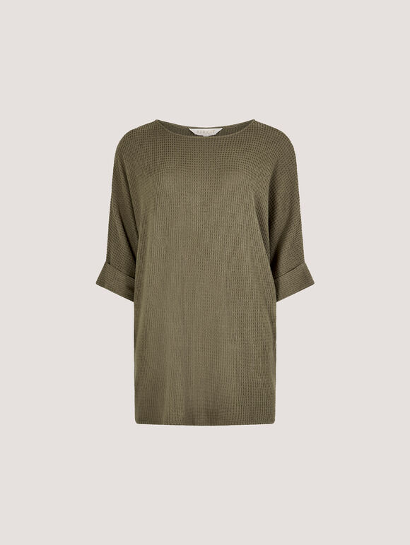 Soft-Touch Batwing Waffle Knit Top, Khaki, large
