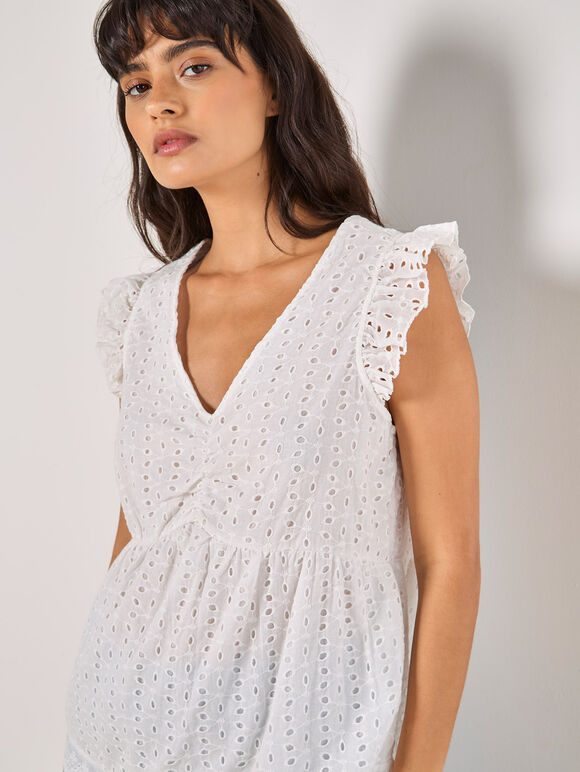 Cotton Broderie Ruffle Shoulder Top, White, large