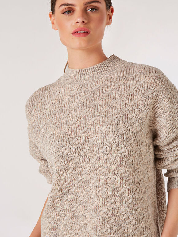 Plaited Knit Mock Neck Jumper, Stone, large