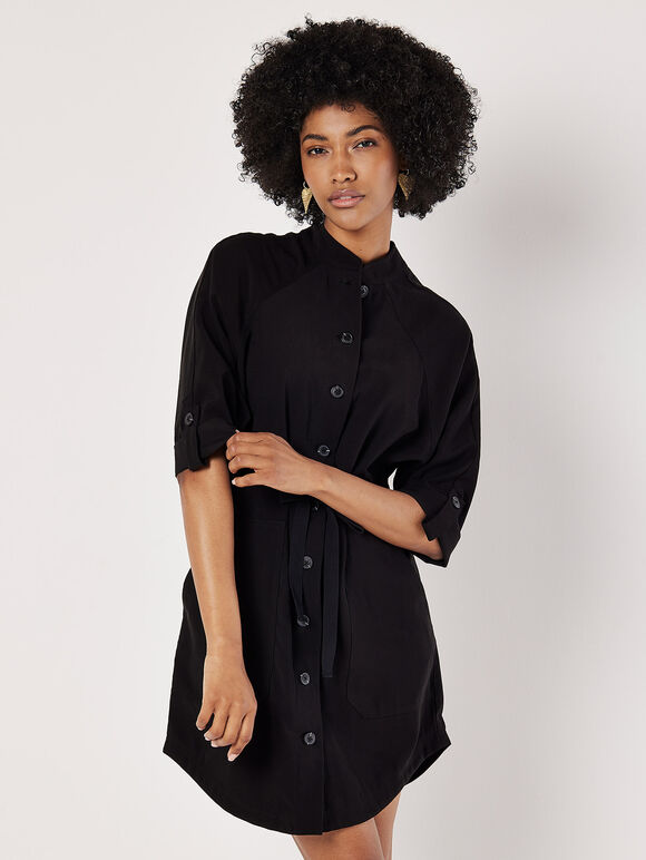 Drawstring Shirt Mini Dress, Black, large