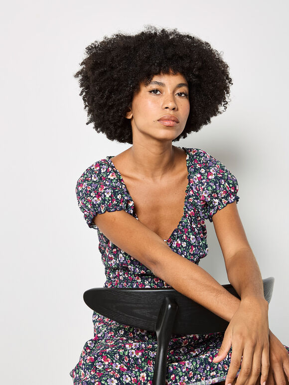 Ditsy Floral Milkmaid Midi Dress, Purple, large