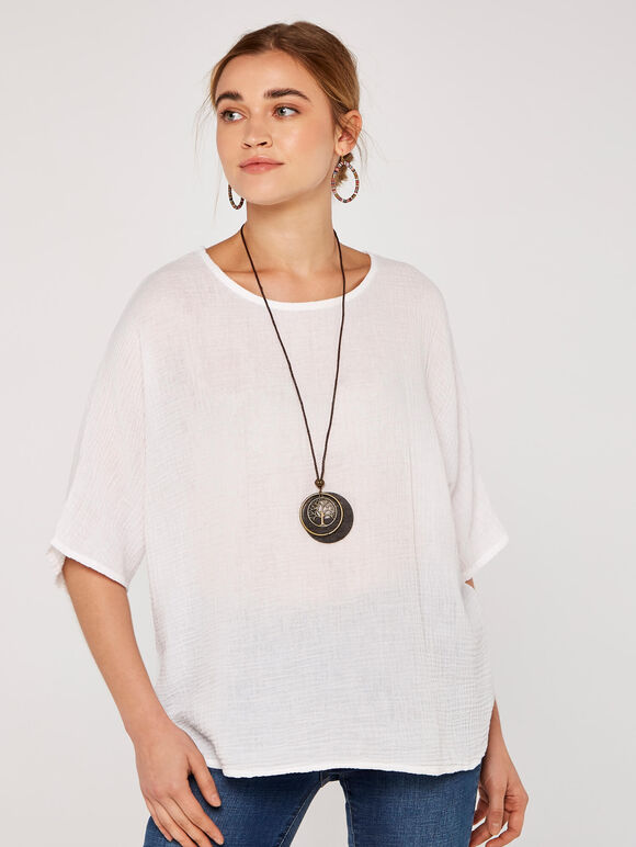  Waffle Batwing Necklacee Top, Cream, large