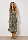 Animal Print Cotton Midi Dress, Khaki, large
