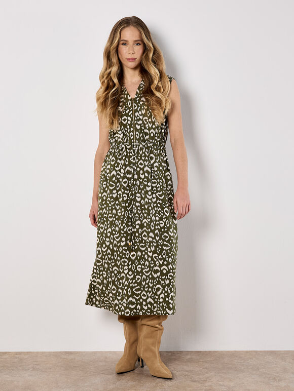 Animal Print Cotton Midi Dress, Khaki, large