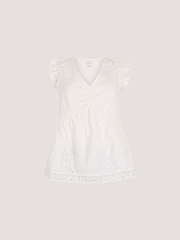 Cotton Broderie Ruffle Shoulder Top, White, large