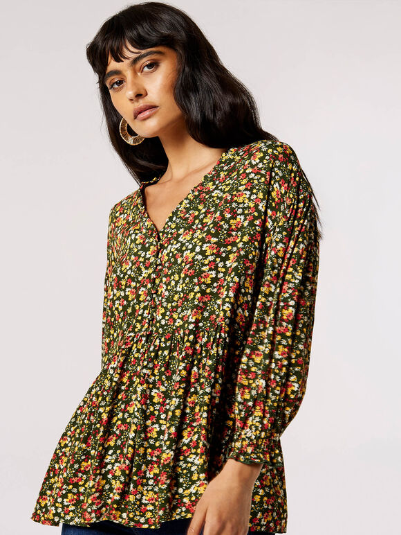 Oversized Ditsy Floral Top, Khaki, large