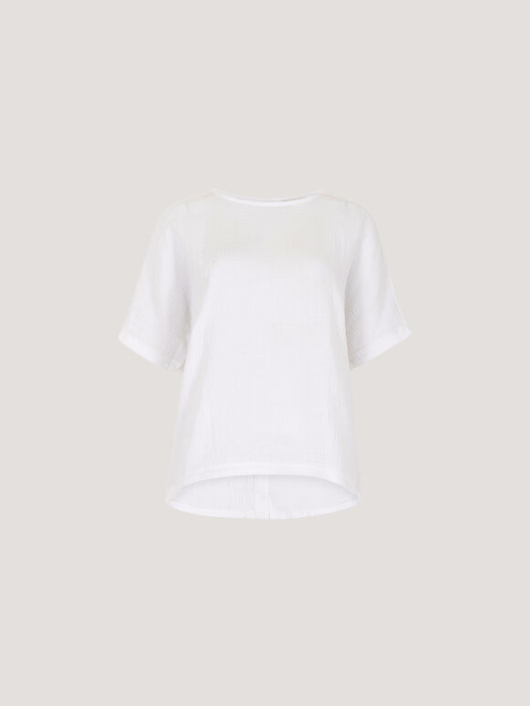 Textured Cotton Button Back T-Shirt, White, large