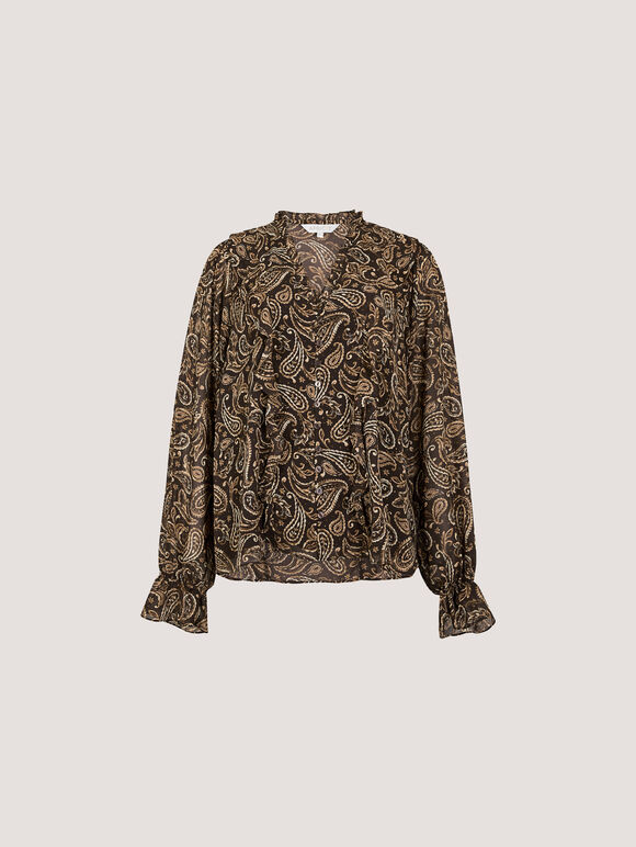 Paisley Chiffon Ruffle Blouse, Brown, large