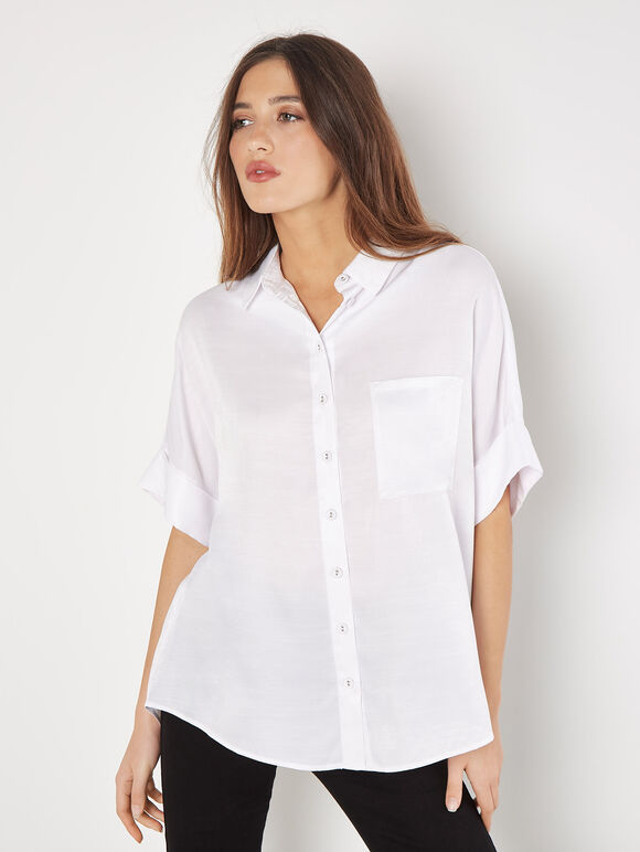 Relaxed-Fit Satin Shirt, Cream, large