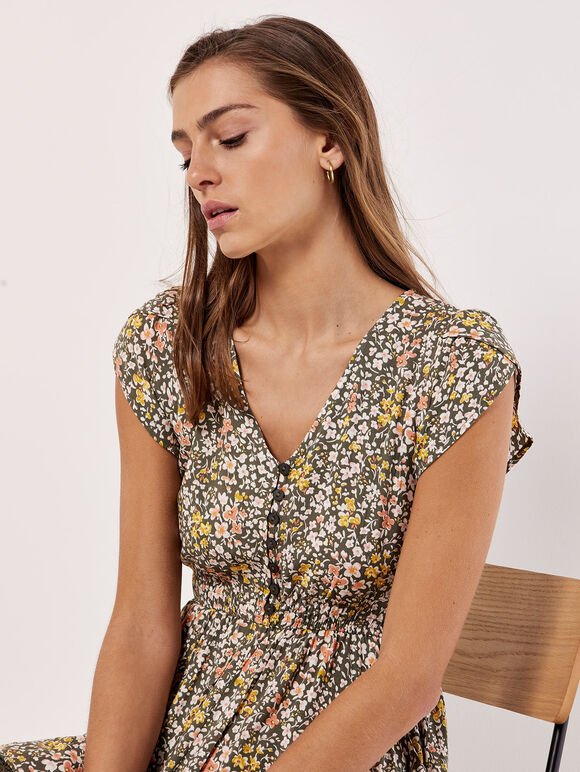 Ditsy Floral Maxi Dress, Khaki, large
