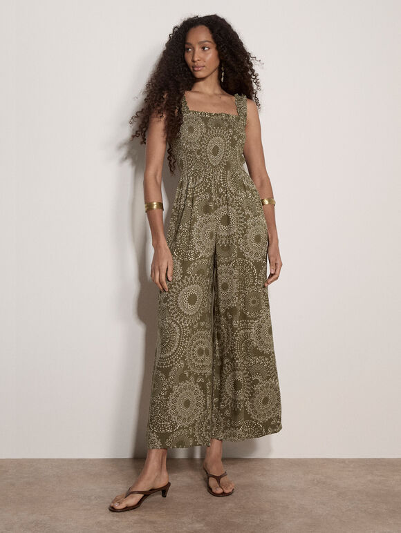 Kaleidoscope Shirred Wide-Leg Jumpsuit, Khaki, large