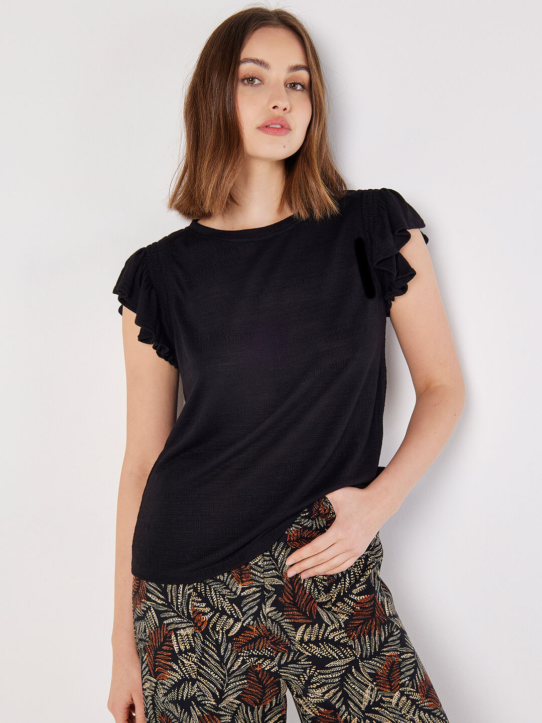 Image of Soft Slub Ruffle Sleeve T-Shirt