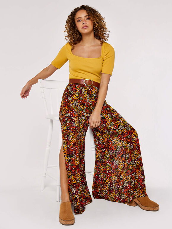 Floral Side Slit Palazzo, Orange, large