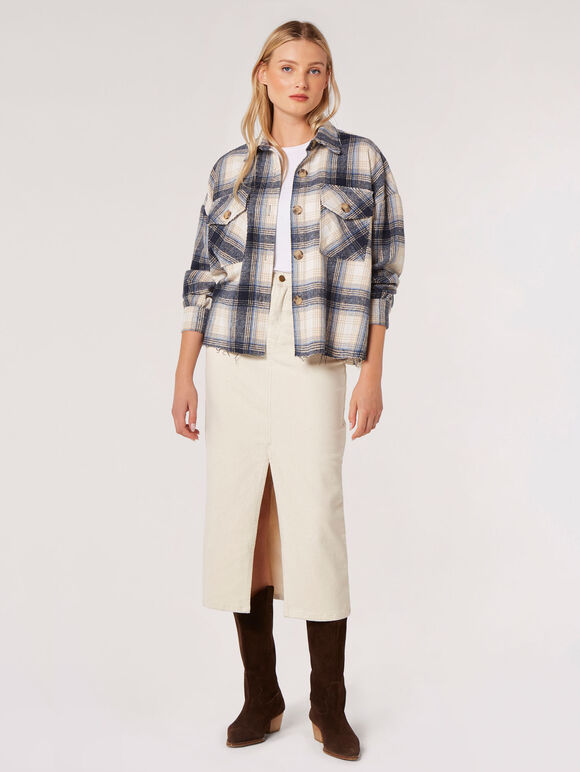 Raw Edge Check Shacket, Navy, large