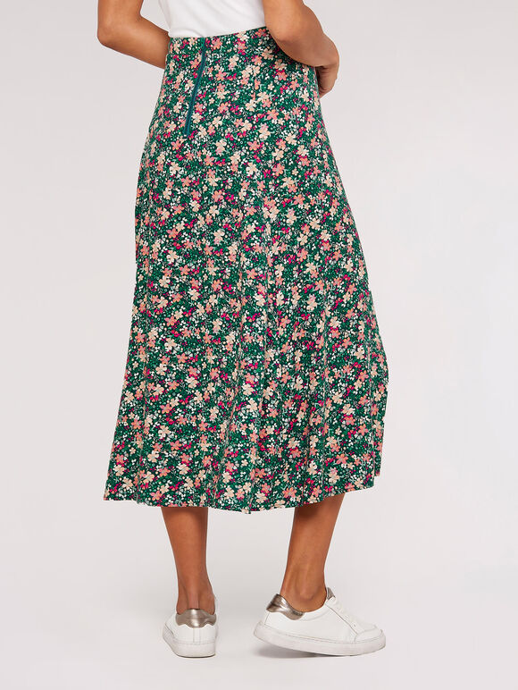 Ditsy Floral Print Midi Skirt, Green, large