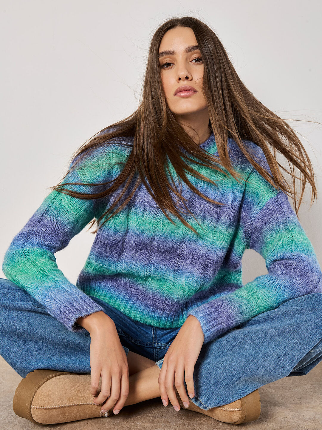 Apricot Women's Boxy Space Dye Cable Jumper in Blue | Size: 16