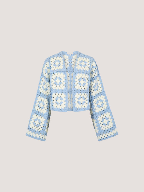 Hand-Knit Crochet Squares Cardigan, Blue, large