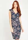 Cabbage Rose V Neck Ruched Dress, Navy, large