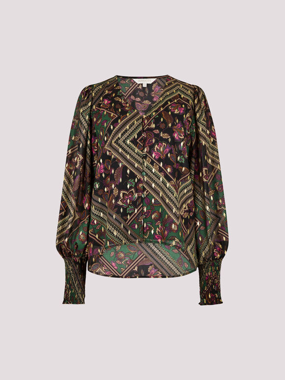 Gold Foil Floral Blouse, Black, large