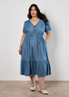 Denim Zip Tiered Midi Dress, Blue, large